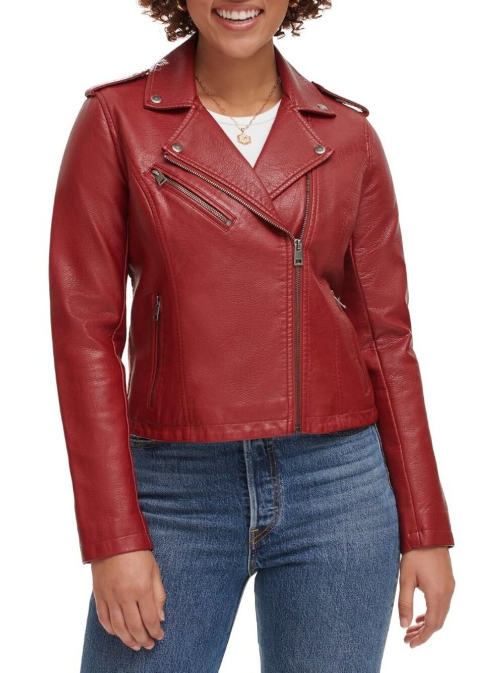 Women's Cherry Red Polyurethane Classic Stylish Moto Faux Leather Jacket